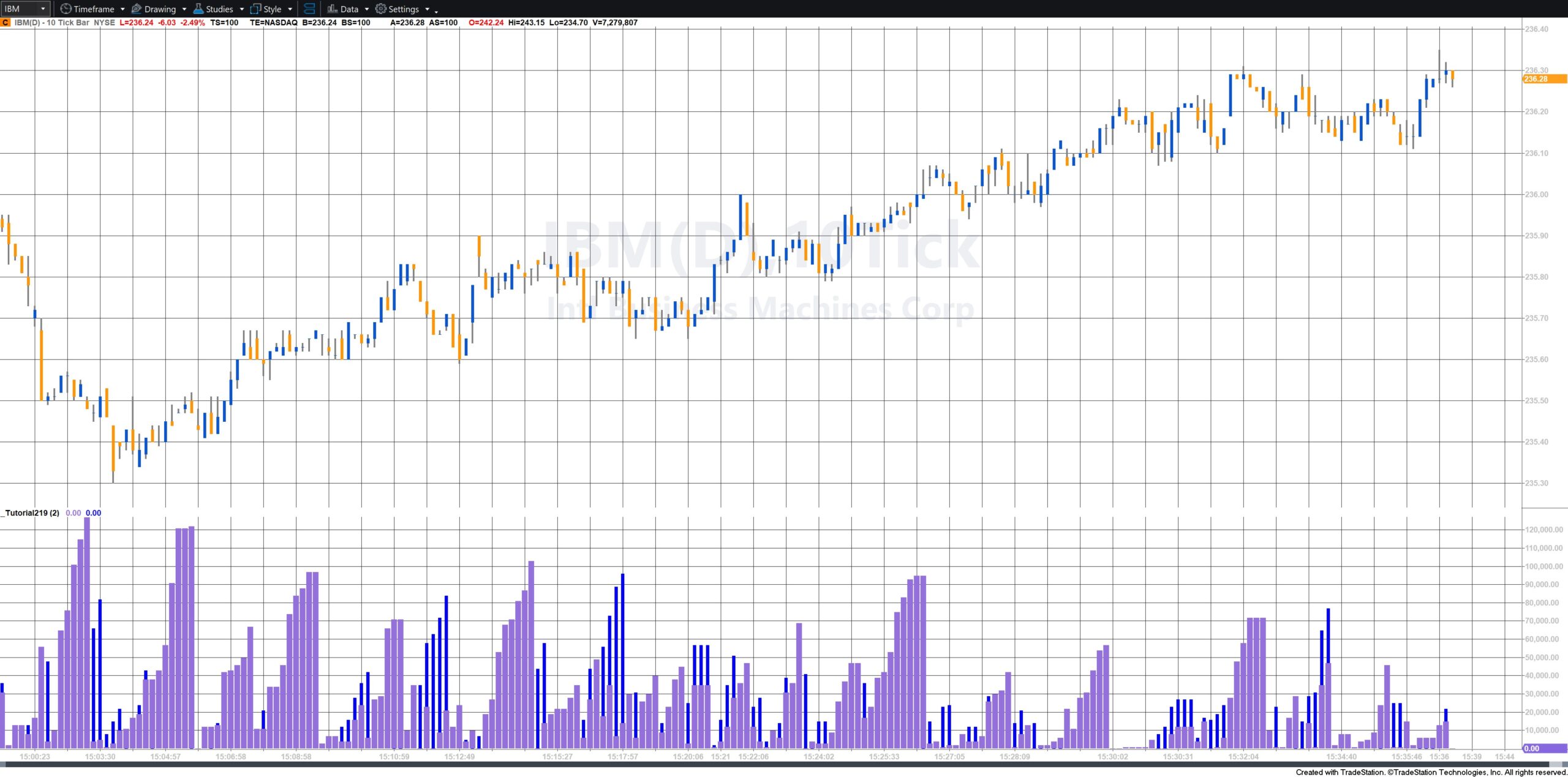 T219-IBM-10-ticks Tutorial 219 applied to a 10 tick IBM chart